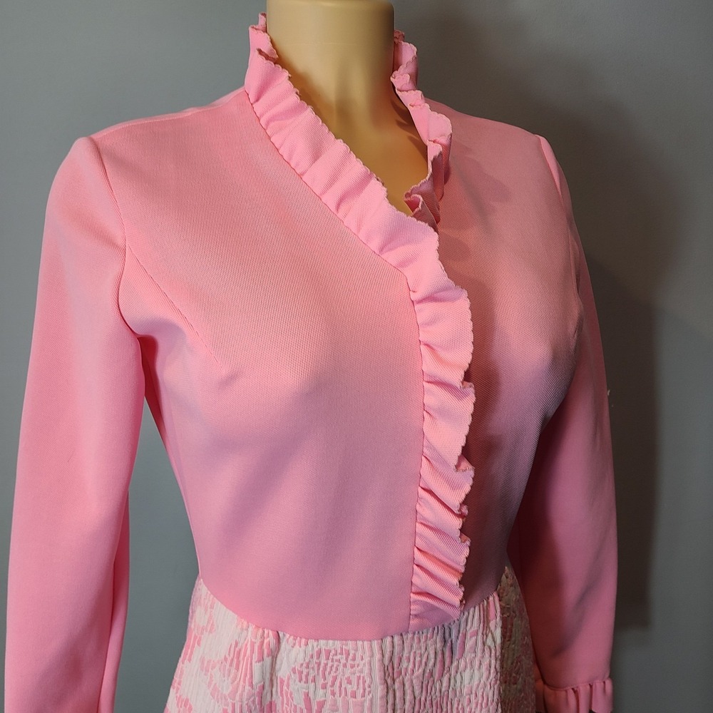 VTG Bleeker Street Dress Sz Small 60s 70s Pink Floral Ruffle Coquette Regency - Picture 4 of 12